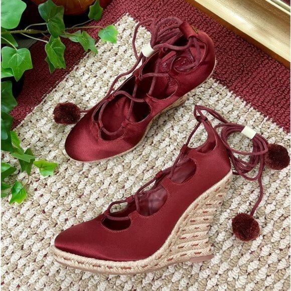 New Tory Burch Red Pompom-embellished Lace-up Satin Wedge Espadrilles Merlot 7 - Picture 11 of 16